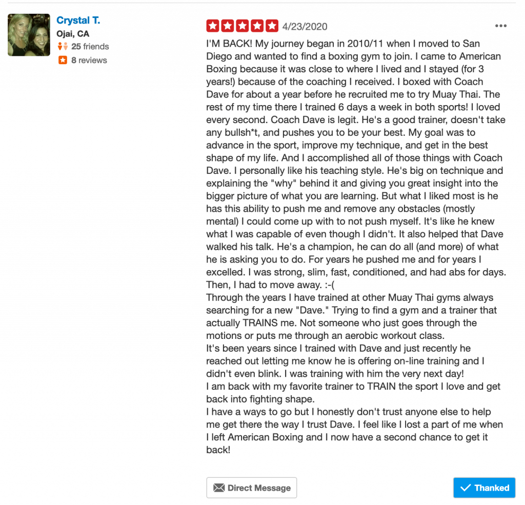 Yelp review from American Boxing former member Crystal T.